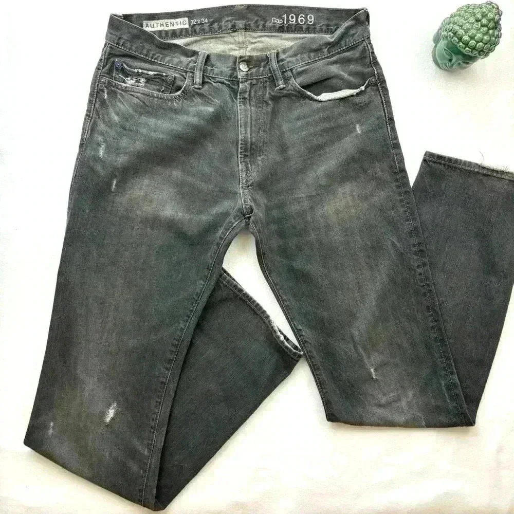 Gap 1969 Authentic Fade Black Distress 100% Cotton Slim Straight Jean Size 32/34